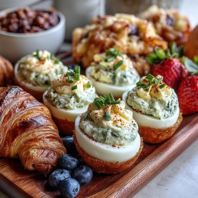 Festive Easter Brunch Board featuring deviled eggs, a rainbow of fresh fruit, and assorted mini pastries, perfect for sharing with family and friends at a springtime celebration.