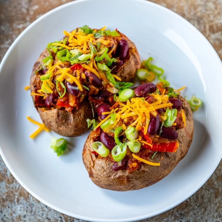 A close-up of Chili-Style Baked Potatoes, showing a fluffy potato filled with a rich, colorful chili.