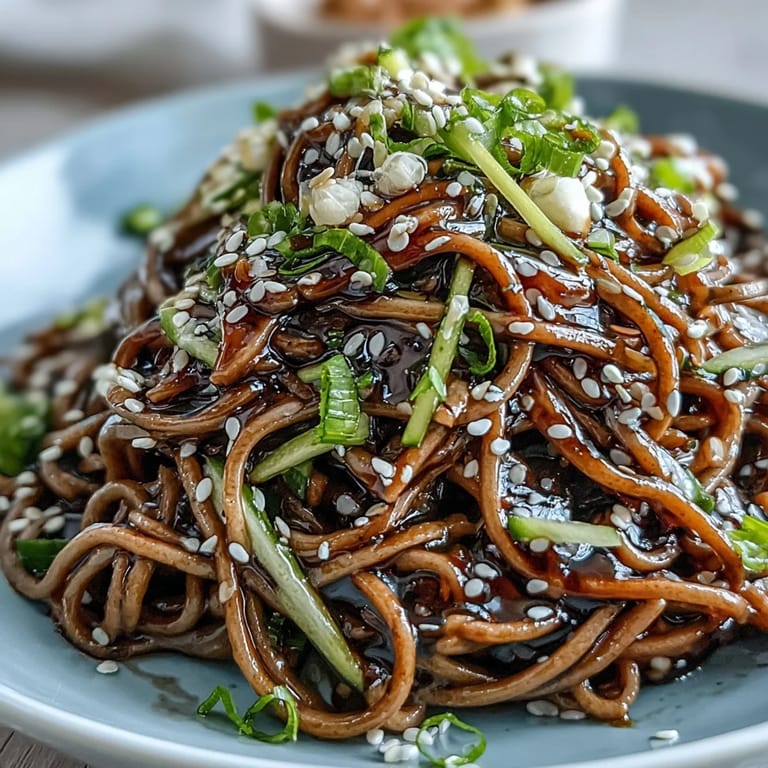 A refreshing cold soba noodle salad with crisp, colorful vegetables and tangy dressing.