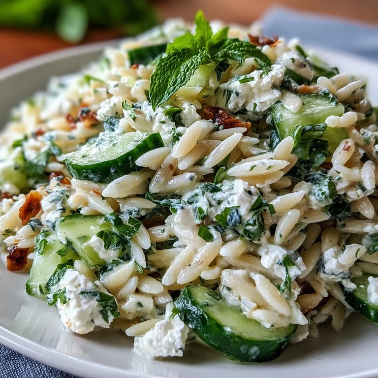Mediterranean orzo salad, flavorful feta, cucumber, and zesty lemon dressing.