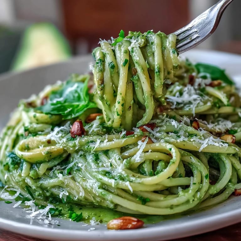 Luscious no-cook avocado pesto pasta, quick, healthy, and ready to serve.