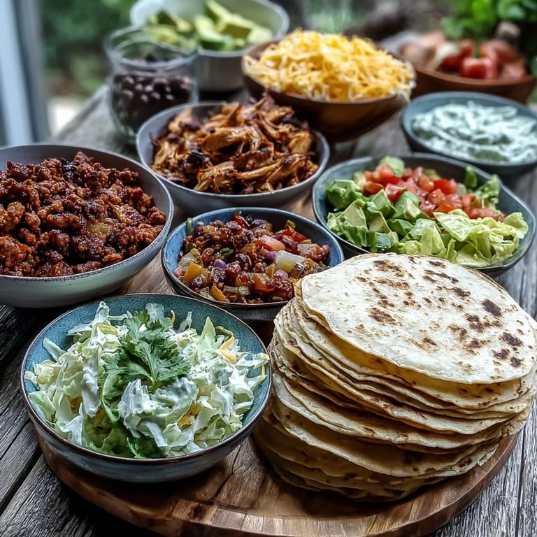 Build-your-own DIY Taco Bar for Outdoor BBQ, piled high with all your favorite meats.
