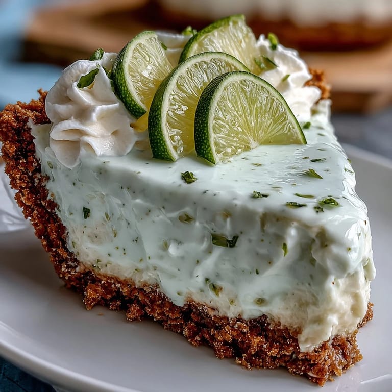 Tangy No-Bake Key Lime Pie, quickly prepared, perfectly chilled with fluffy whipped cream.