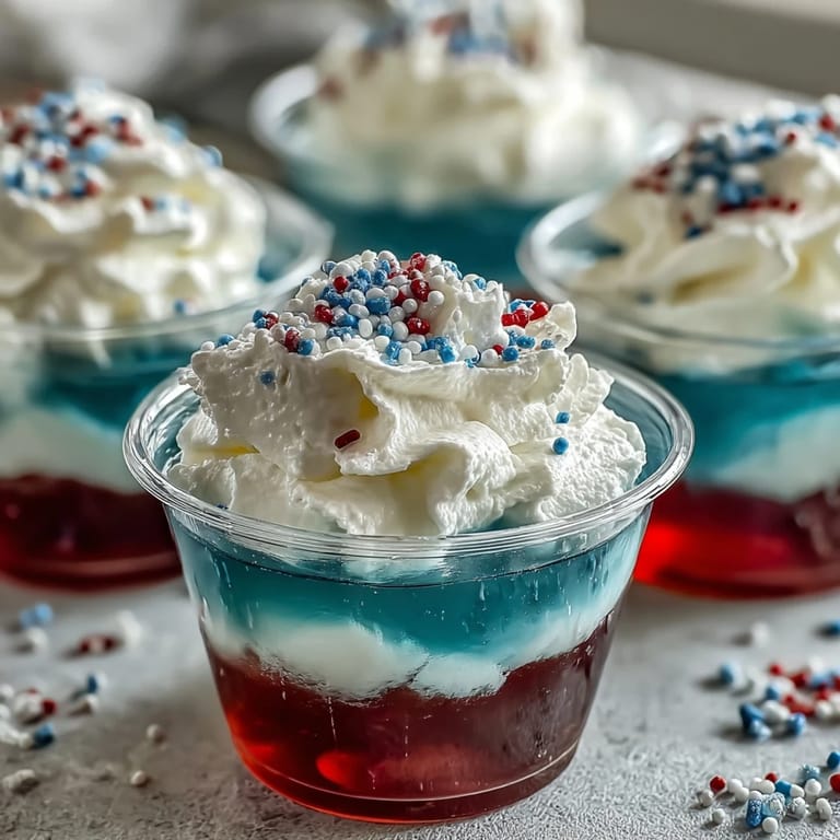 Alcohol-free Firecracker Jello Shots boast red, white, and blue layers.