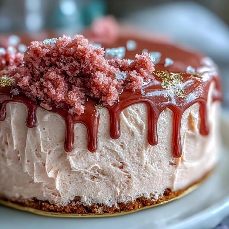 Blush pink Rosé Velvet Cake, drizzled with enticing gold for a festive touch.
