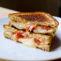 Golden-brown Pepper Jack & Tomato Grilled Cheese sandwich slices with melted cheese oozing from jalapeño-studded bread.