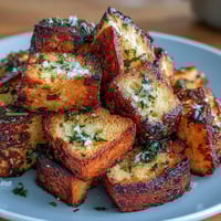 Golden, crunchy sourdough croutons seasoned with garlic and herbs, air-fried to crispy perfection for salads or soups.
