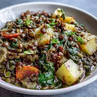 A steaming bowl of Little Sprout Green Lentil Stew with tender carrots, potatoes, and aromatic herbs for a comforting vegetarian dinner.