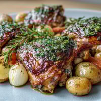 Golden herb roasted chicken thighs with crispy skin, nestled among baby potatoes and tender carrots on a rustic baking sheet.  