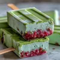 Creamy Strawberry Matcha Latte Popsicles with vibrant red strawberry and green matcha layers in popsicle molds.