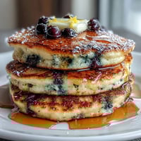 Golden sourdough discard pancakes with fresh blueberries and lemon zest, served stacked with a drizzle of maple syrup.  