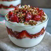 Strawberry Shortcake Overnight Oats with Vanilla Yogurt - Creamy oats layered with fresh strawberries and vanilla yogurt, topped with crunchy granola for a breakfast that tastes like dessert.