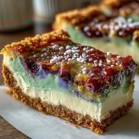 King Cake Cheesecake Bars with Swirled Colors featuring vibrant purple, green, and gold marbled layers on a buttery cinnamon crust, perfect for Mardi Gras celebrations.