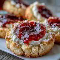 A tray of golden clotted cream and strawberry jam thumbprint cookies, each filled with rich cream and sweet jam for a classic British treat.