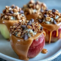 Wholesome candy apple slices drizzled with creamy peanut butter and sprinkled with crunchy granola for a sweet, satisfying snack.