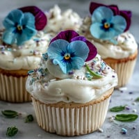 Baby in Bloom Cupcakes with edible flower toppers on a white plate, soft vanilla buttercream swirls and colorful edible flowers create a springtime dessert centerpiece.