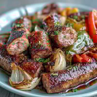 Sheet Pan Sausage and Peppers: juicy sausages roasted with sweet bell peppers and onions for a quick, flavorful dinner.  