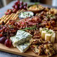 Housewarming Party Charcuterie Board with Dips and Crackers featuring cured meats, cheeses, fruits, and nuts on a large wooden platter for a festive celebration.