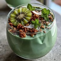 Vibrant green shamrock protein smoothie bowl topped with kiwi slices, granola, and mint for a festive St. Patrick's Day breakfast.