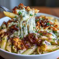 A cozy one-pot French onion chicken pasta with caramelized onions and melted Gruyère cheese, perfect for a comforting dinner.