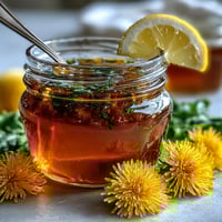 Golden dandelion jelly with fresh lemon zest and honey, spread on warm buttered toast in soft morning light.
