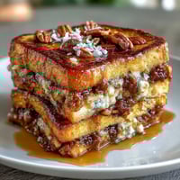 Warm Mexican capirotada with toasted bread, raisins, nuts, and melted cheese in a golden syrup drizzle.