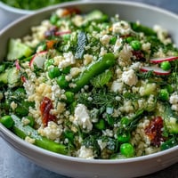 Spring Pea and Mint Couscous Salad with fresh peas and mint, a light and refreshing Mediterranean side for spring gatherings.