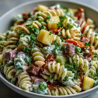 Hawaiian Pasta Salad with Ham, Pineapple, and Ranch in a creamy bowl, topped with fresh parsley and colorful vegetables.