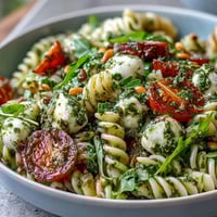 A colorful summer pasta salad with pesto, cherry tomatoes, and mozzarella balls, perfect for picnics and light lunches.