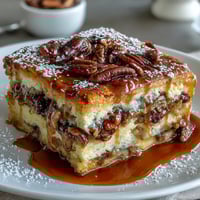 Fluffy pancake casserole baked golden, drizzled with maple syrup, and topped with nuts for a warm, inviting breakfast.