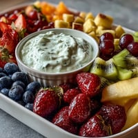 Vibrant Spring Fruit Table Platter with Dipping Yogurt Sauce, featuring colorful strawberries, pineapple, and kiwi arranged artfully for a fresh appetizer.