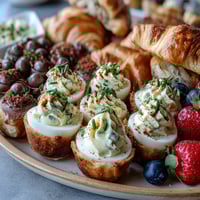 Easter Brunch Board with Deviled Eggs, Fruit, and Pastries, arranged on a large wooden board with colorful seasonal fruit, golden pastries, and creamy deviled eggs garnished with paprika and chives.