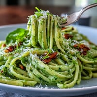 Creamy Avocado Pesto Pasta: vibrant green sauce coats al dente spaghetti.
