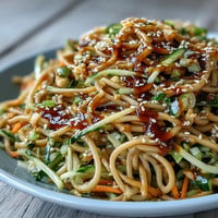 Cold soba noodle salad with sesame ginger dressing, piled high and vibrant.